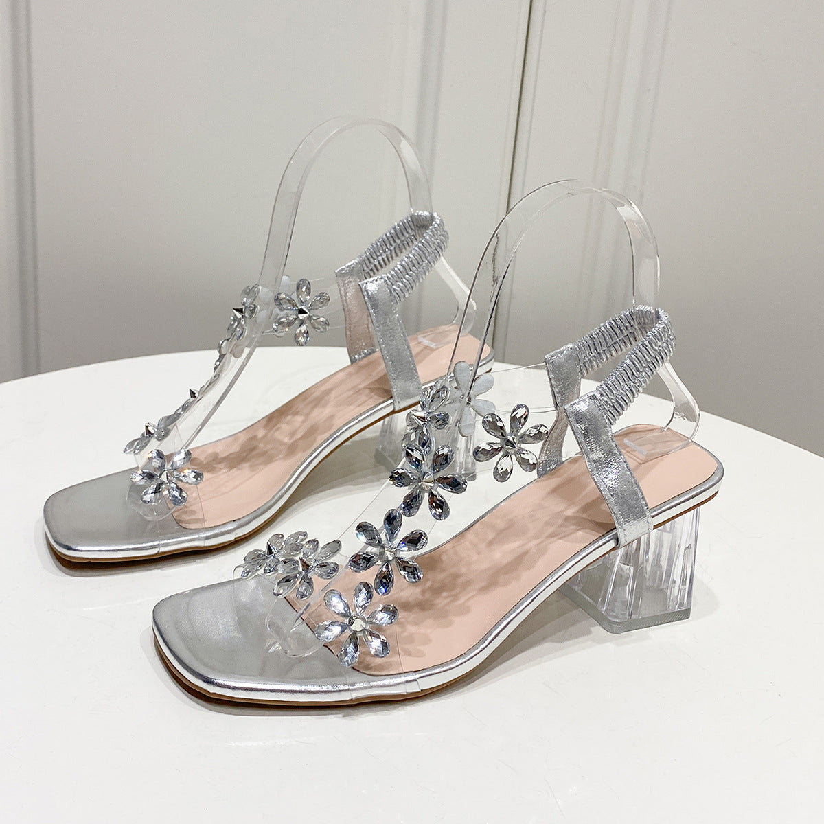 Fashion Flowers Sandals With Transparent High Square Heels Summer Square Toe Shoes For Women